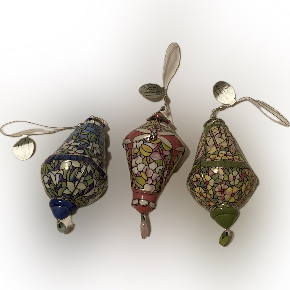 BRADFORD EDITIONS LOUIS TIFFANY HEIRLOOM PORCELAIN 2001 ORNAMENTS (set of 3)